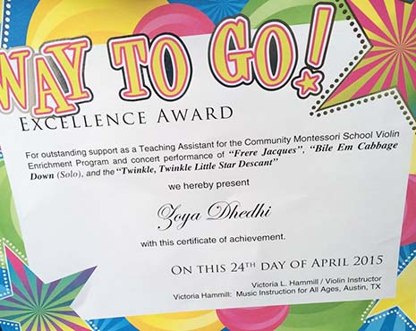 Close up of Zoya's Certificate